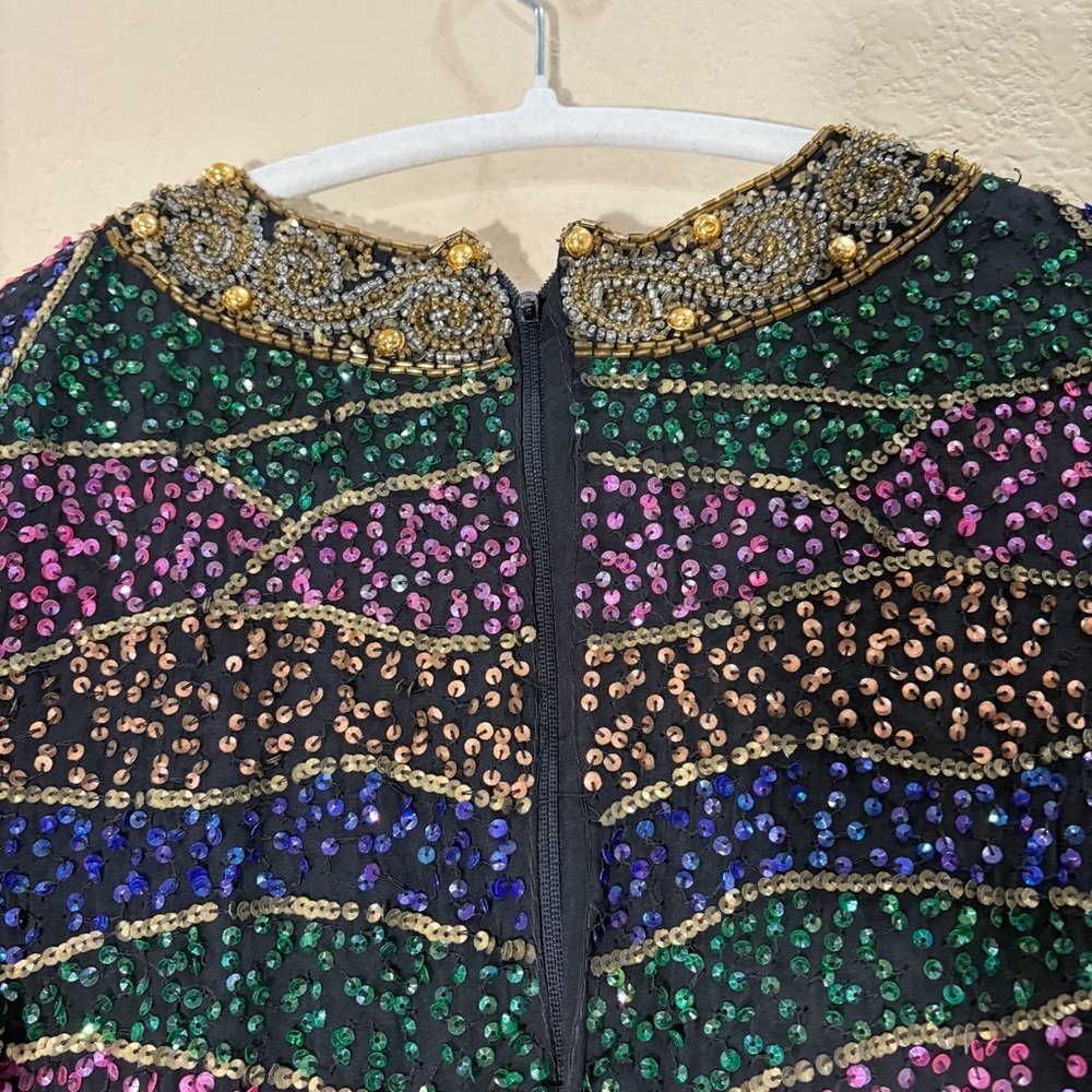 VTG sequined 1980s INDUS V silk beaded Multi Florals disco dress Party 15” PTP - Picture 5 of 16